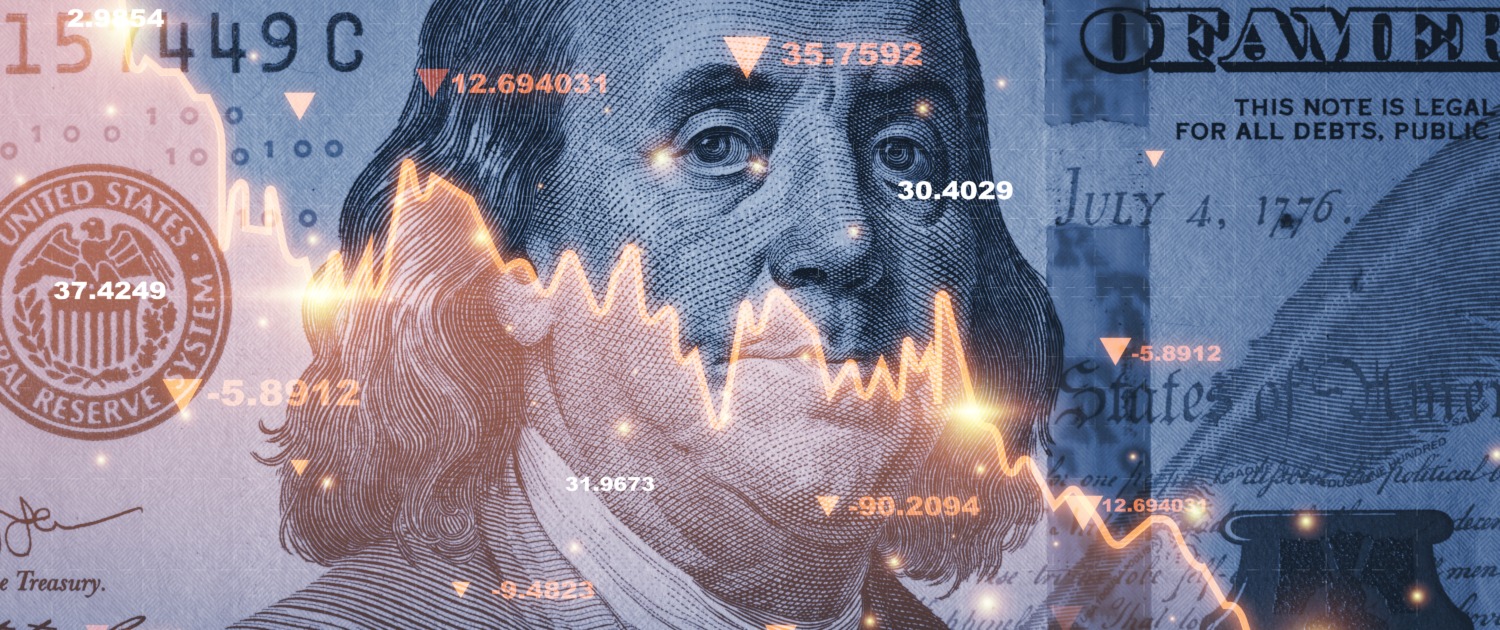 Banking, Finance, Foreign Chartered Bank, Service of Process, Benjamin Franklin face on USD dollar banknote with red decreasing stock market graph chart for symbol of economic recession crisis concept.