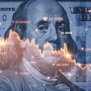 Banking, Finance, Foreign Chartered Bank, Service of Process, Benjamin Franklin face on USD dollar banknote with red decreasing stock market graph chart for symbol of economic recession crisis concept.