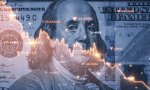 Banking, Finance, Foreign Chartered Bank, Service of Process, Benjamin Franklin face on USD dollar banknote with red decreasing stock market graph chart for symbol of economic recession crisis concept.