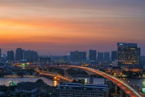 Krung Thep Bridge in Bangkok, Thailand at sunset.